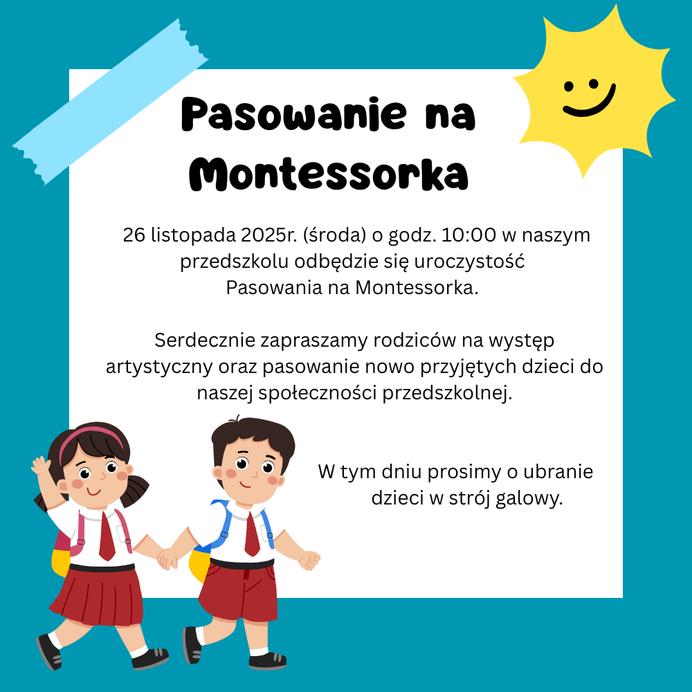 Plakat informujący o pasowaniu. Na plakacie dziewczynka z chłopcem trzymają się za ręce.