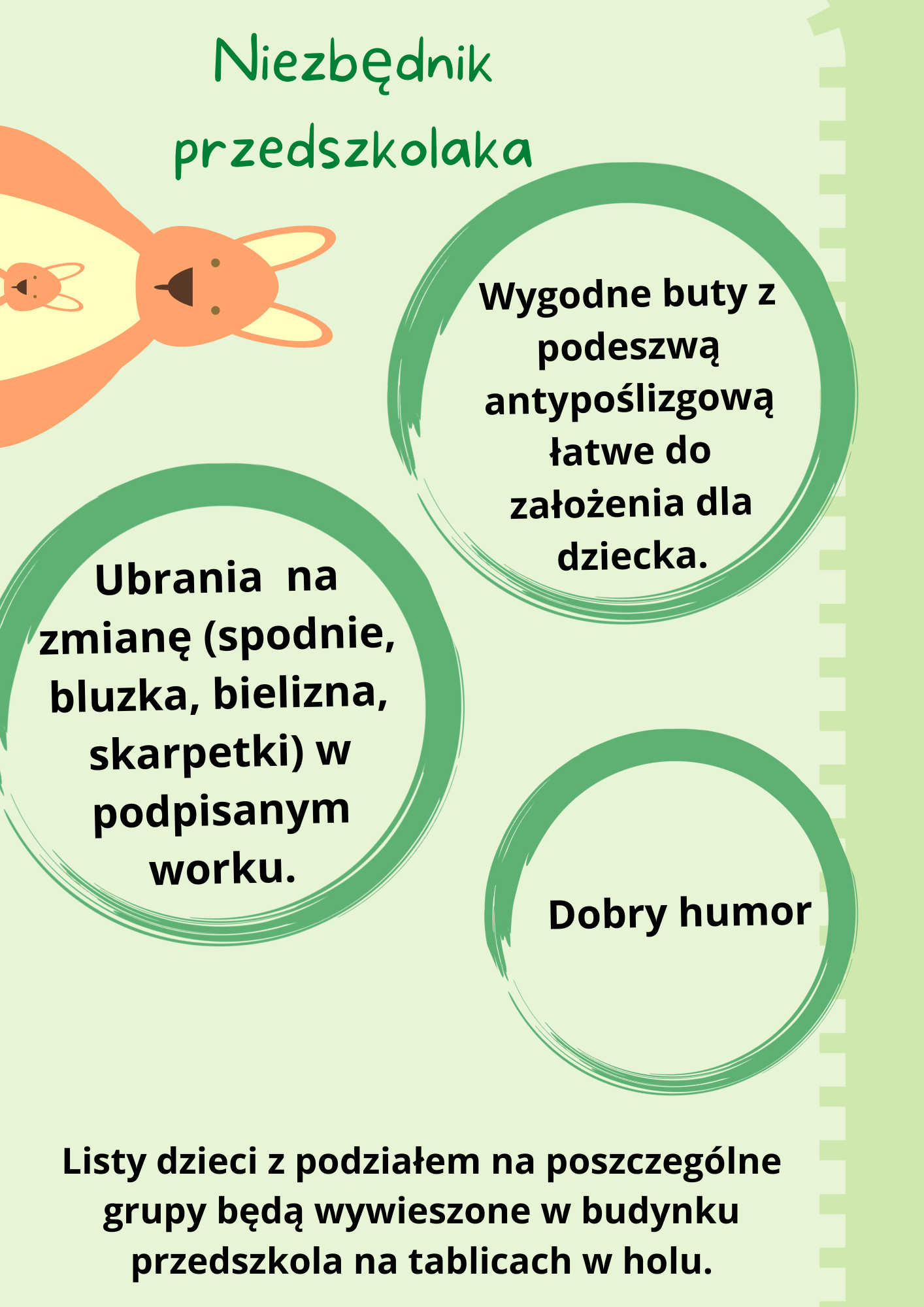 Informacja o rzeczach niezbędnych dla przedszkolaka.