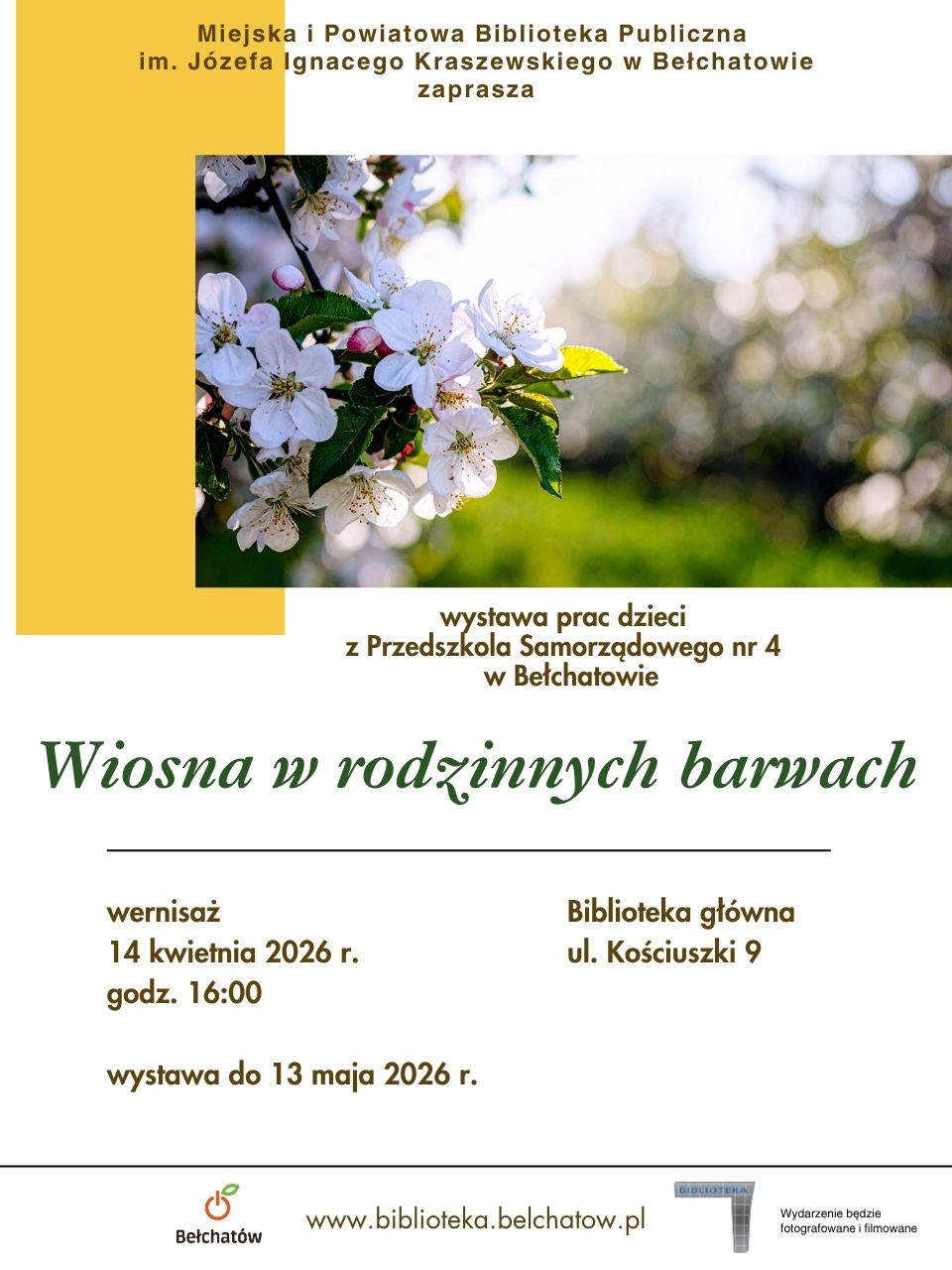 Plakat informujący o wystawie prac w Miejskiej i Powiatowej Bibliotece Publicznej w Bełchatowie.