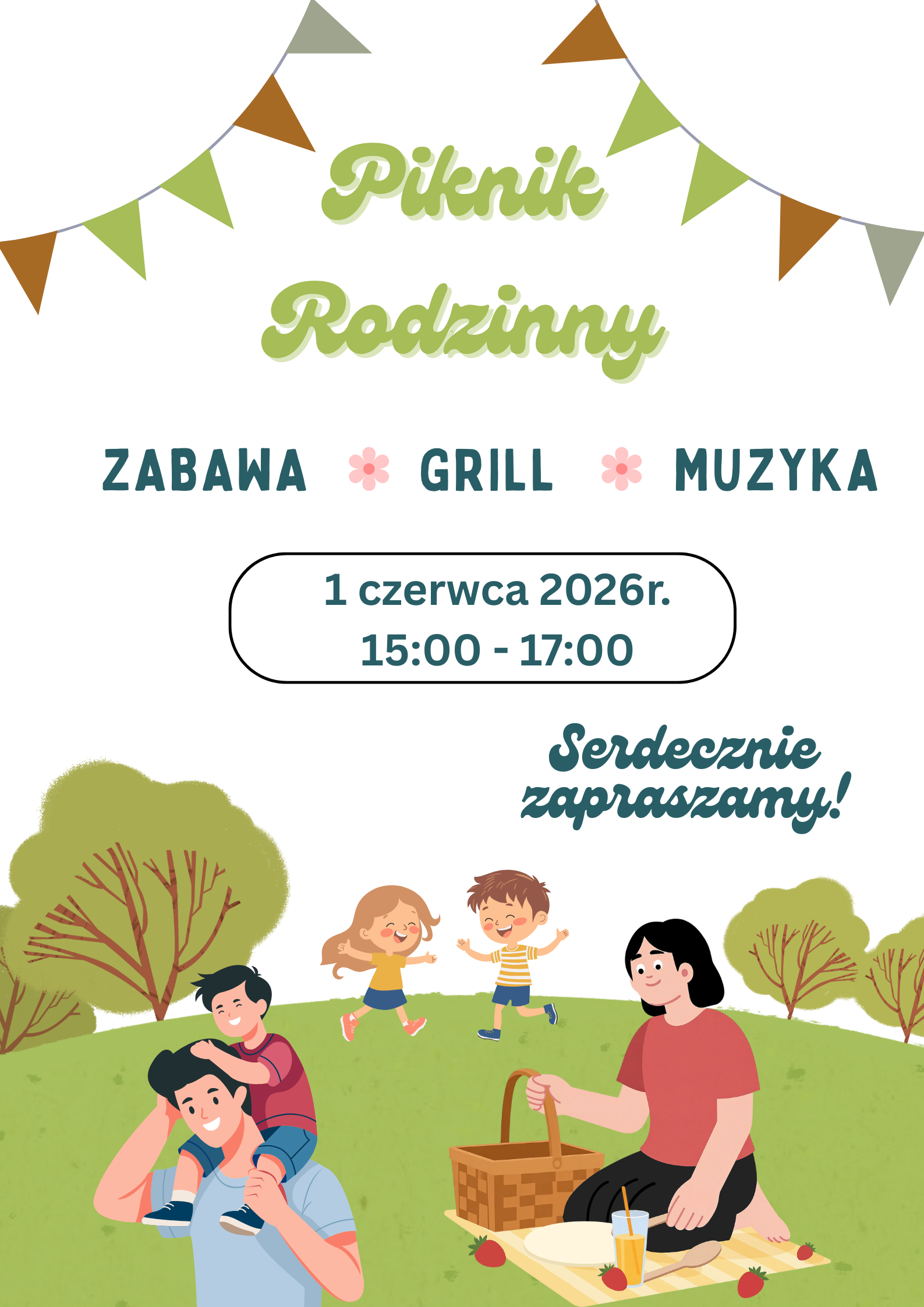Plakat informacyjny dotyczący pikniku rodzinnego.