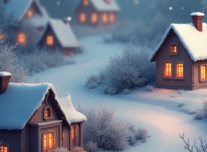 Obrazek zimowego miasteczka wieczorem.