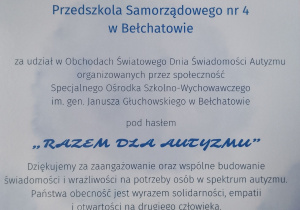 Zdjęcie podziękowania wręczonego nam za udział w wydarzeniu.